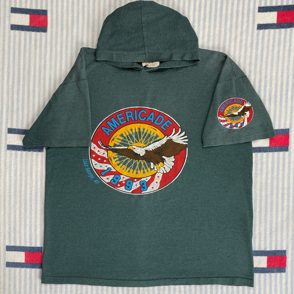 Vintage 1993 Americade Motorcycle Rally short sleeve hooded tee shirt